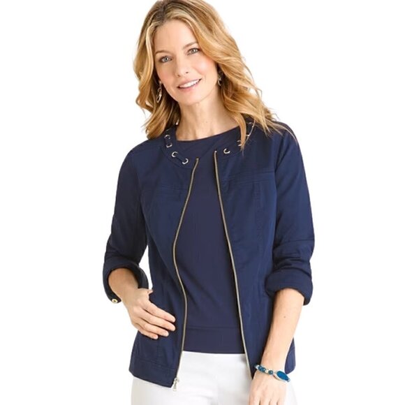 Chico's Twill Grommet-Detail Jacket, Navy Blue, Sz 0 (Small, 4/6) - Silver, Gold - Picture 1 of 11